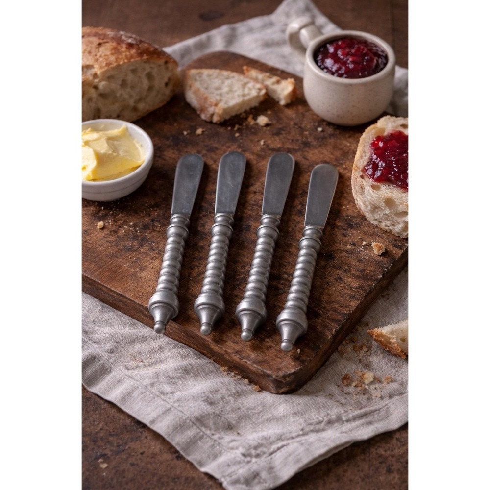 Set 4 Butter Knives Spreaders Pewter Aluminum Rustic Colonial Turned Handle MCM